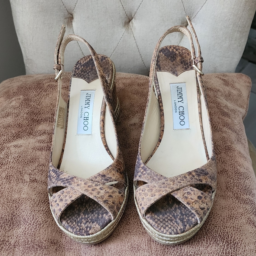Jimmy Choo Taupe Snake-Print Slingback Heels